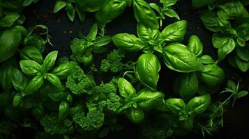 ai generato erba erbaceo le foglie mazzo Spezia verde avvicinamento biologico crudo pianta aromatico cucinando foto