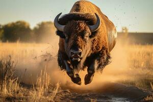 ai generato bovino Toro animale selvaggio natura pascolo bisonte viso fauna natura parco pelliccia bufalo grande foto