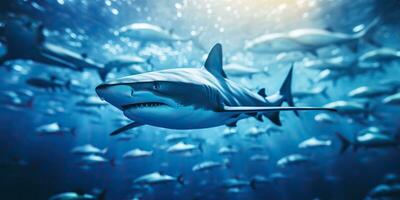 ai generato selvaggio vita sotto acqua natura all'aperto mare oceano grande pesce blu squalo sfondo. in profondità tuffo autorespiratore immersione cacciatore animale foto