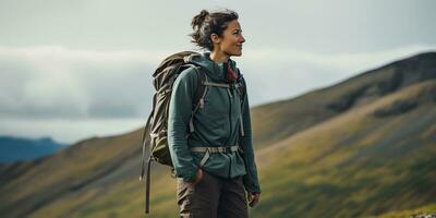 ai generato femmina ragazza donna escursionista puntamento natura all'aperto avventura Esplorare montagna paesaggio viaggio esplorazione motivazione. grafico arte foto