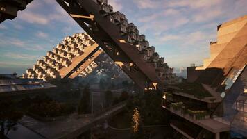 un' futuristico città con un' torreggiante metallo struttura foto
