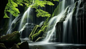 ai generato maestoso cascata fluente attraverso tropicale foresta pluviale, un' mozzafiato avventura generato di ai foto