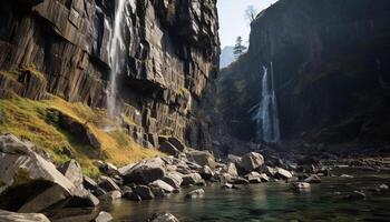 ai generato maestoso montagna gamma, fluente acqua, tranquillo scena, natura bellezza generato di ai foto