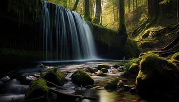 ai generato maestoso montagna gamma, fluente acqua, tranquillo scena, natura bellezza generato di ai foto