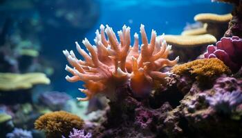 ai generato vivace clown pesce nuotare sotto il colorato corallo scogliera generato di ai foto