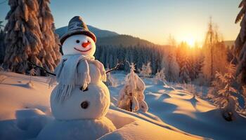 ai generato sorridente uomo nel inverno, festeggiare con neve, regalo, e gioia generato di ai foto