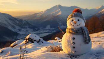 sorridente pupazzo di neve gode inverno all'aperto, circondato di natura bellezza generato di ai foto