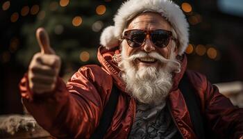 uno sorridente uomo nel occhiali da sole gode inverno vacanza all'aperto generato di ai foto