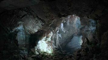 un' misterioso tunnel con raggi di leggero penetrante attraverso il buio foto