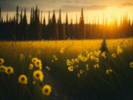 ai generato raggiante i campi di inverno morbido messa a fuoco tramonto prato con giallo fiori della natura abbraccio. un' sinfonia di colori caldo inverno tramonto prato con astratto morbido messa a fuoco natura armonia. foto