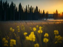 ai generato raggiante i campi di inverno morbido messa a fuoco tramonto prato con giallo fiori della natura abbraccio. un' sinfonia di colori caldo inverno tramonto prato con astratto morbido messa a fuoco natura armonia. foto