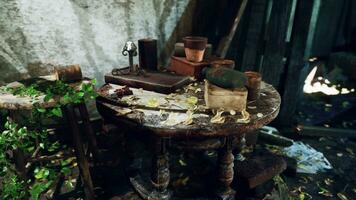 un abbandonato camera con un' tavolo ingombra con vario oggetti foto