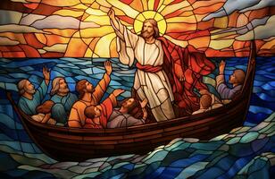 ai generato Gesù Cristo su il barca calma il tempesta a mare. essere ancora foto