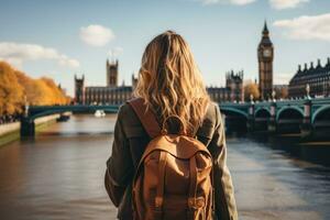 ai generato donna a piedi su strada nel Parigi. ai generato foto