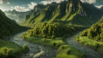 ai generato maestoso verde muschioso valle con fiume e montagne foto