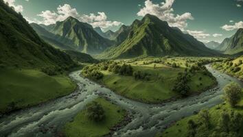 ai generato maestoso verde muschioso valle con fiume e montagne foto