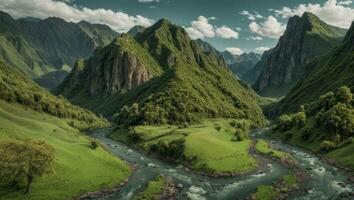 ai generato maestoso verde muschioso valle con fiume e montagne foto