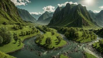 ai generato maestoso verde muschioso valle con fiume e montagne foto