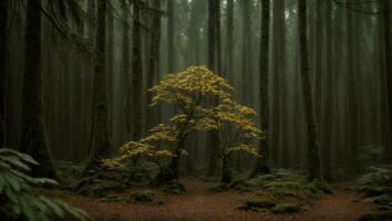 ai generato maestoso nebbioso freddo lussuria piovoso foresta con un' leggero nebbia foto