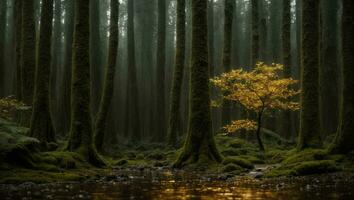 ai generato maestoso nebbioso freddo lussuria piovoso foresta con un' leggero nebbia foto