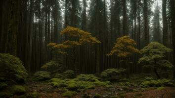 ai generato maestoso nebbioso freddo lussuria piovoso foresta con un' leggero nebbia foto