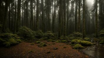 ai generato maestoso nebbioso freddo lussuria piovoso foresta con un' leggero nebbia foto