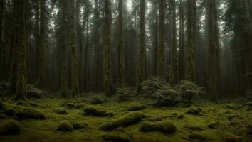 ai generato maestoso nebbioso freddo lussuria piovoso foresta con un' leggero nebbia foto