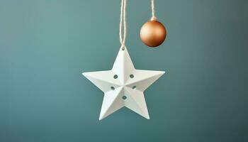 Natale ornamento sospeso su un' blu sfondo, simbolo di celebrazione generato di ai foto