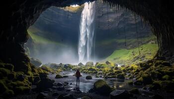 ai generato maestoso montagna gamma, fluente acqua, tranquillo scena, natura bellezza generato di ai foto