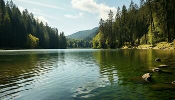 ai generato tranquillo scena verde foresta, fluente acqua, riflettendo luce del sole, naturale bellezza generato di ai foto