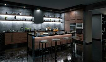 moderno buio cucina interno. foto