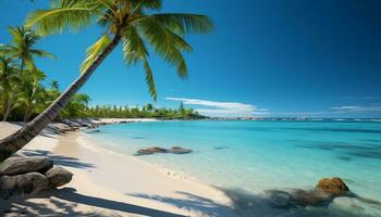 ai generato tropicale costa, blu acqua, palma alberi estate vacanza Paradiso generato di ai foto