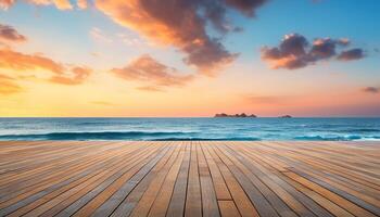 ai generato tramonto al di sopra di il tranquillo costa, onde Crashing su sabbioso sponde generato di ai foto