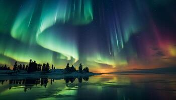 ai generato maestoso montagna picco riflette stellato notte nel tranquillo artico paesaggio generato di ai foto