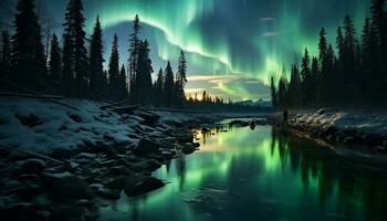 ai generato maestoso montagna picco riflette stellato notte nel tranquillo artico paesaggio generato di ai foto