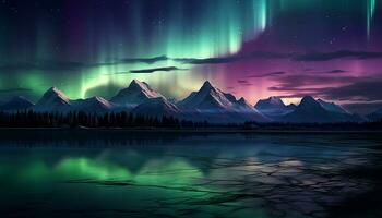 ai generato maestoso montagna picco riflette stellato notte nel tranquillo artico paesaggio generato di ai foto