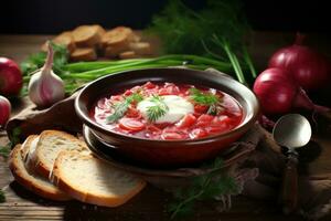 ai generato borsch. tradizionale nazionale piatto di ucraino e russo cucina. ciotola di verdura e carne rosso la minestra con bianca crema e prezzemolo. barbabietola radice borsch. cibo blog, ristorante, bar, menù foto