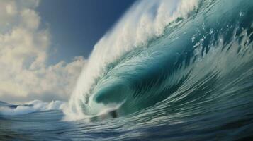 ai generato enorme onda Crashing nel il oceano, la creazione di un' bellissimo Schermo di acqua e schiuma. oceano S energia e maestà. concetto di bellezza e grandezza di natura. ideale per sfondo, cartolina foto