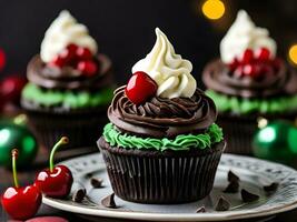 ai generato cioccolato folletto buono cupcakes, sormontato con crema e ciliegie foto