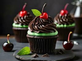 ai generato buio cioccolato cupcakes foto