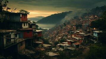 ai generato generativo ai, brasiliano favelas Comunità, panoramico Visualizza con molti case, urbano cittadina povero Casa edifici foto