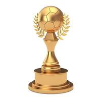 d'oro premio trofeo con d'oro calcio calcio palla e alloro ghirlanda. 3d interpretazione foto