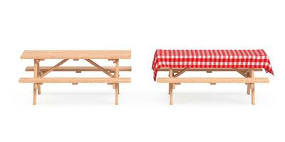 di legno picnic tavolo con panchine e rosso plaid tovaglia. 3d interpretazione foto