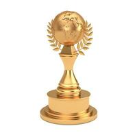 d'oro premio trofeo con d'oro terra globo e alloro ghirlanda. 3d interpretazione foto