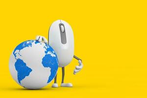 computer topo cartone animato persona personaggio portafortuna con terra globo. 3d interpretazione foto