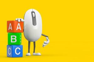 computer topo cartone animato persona personaggio portafortuna con alfabeto abc formazione scolastica cubi. 3d interpretazione foto
