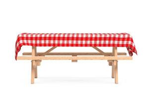 di legno picnic tavolo con panchine e rosso plaid tovaglia. 3d interpretazione foto