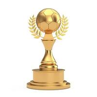 d'oro premio trofeo con d'oro calcio calcio palla e alloro ghirlanda. 3d interpretazione foto