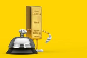 d'oro bar cartone animato persona personaggio portafortuna con Hotel servizio campana chiamata. 3d interpretazione foto