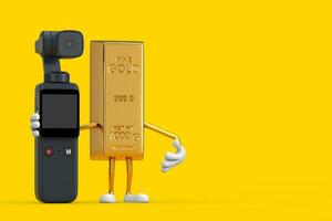 d'oro bar cartone animato persona personaggio portafortuna con tasca gimbal azione telecamera. 3d interpretazione foto